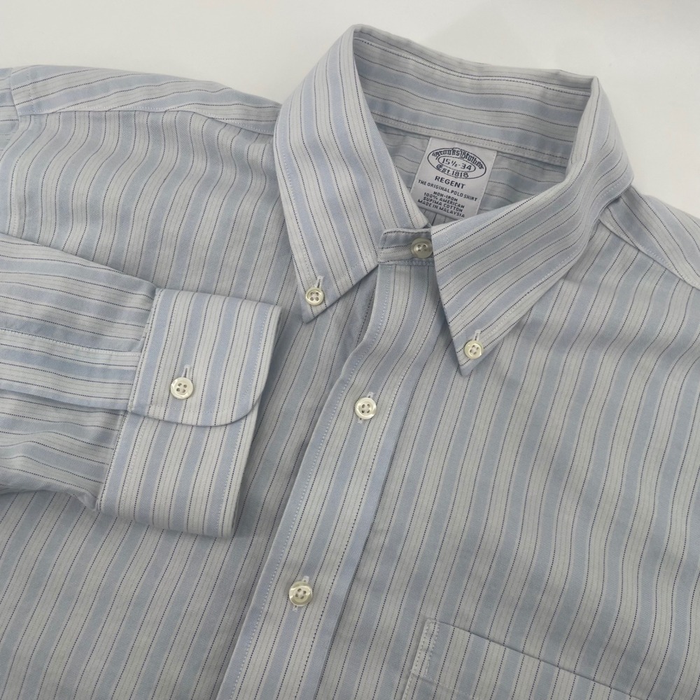 Brooks Brothers Dress Shirt Mens 15.5 34 Blue Regent Non-Iron Supima Stripe